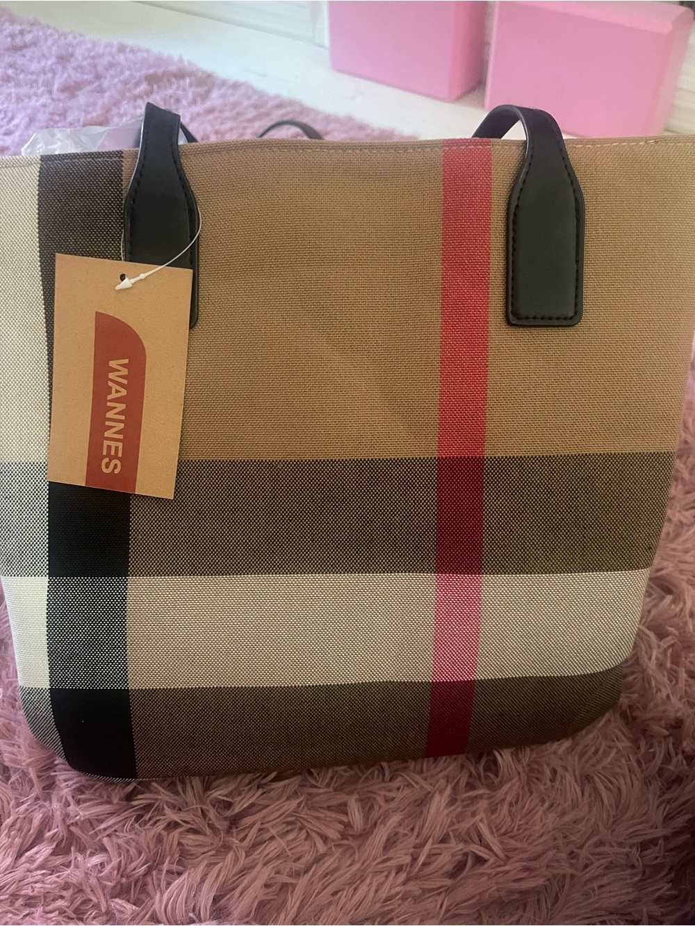 WANNES Plaid Canvas Tote with Red Stripe